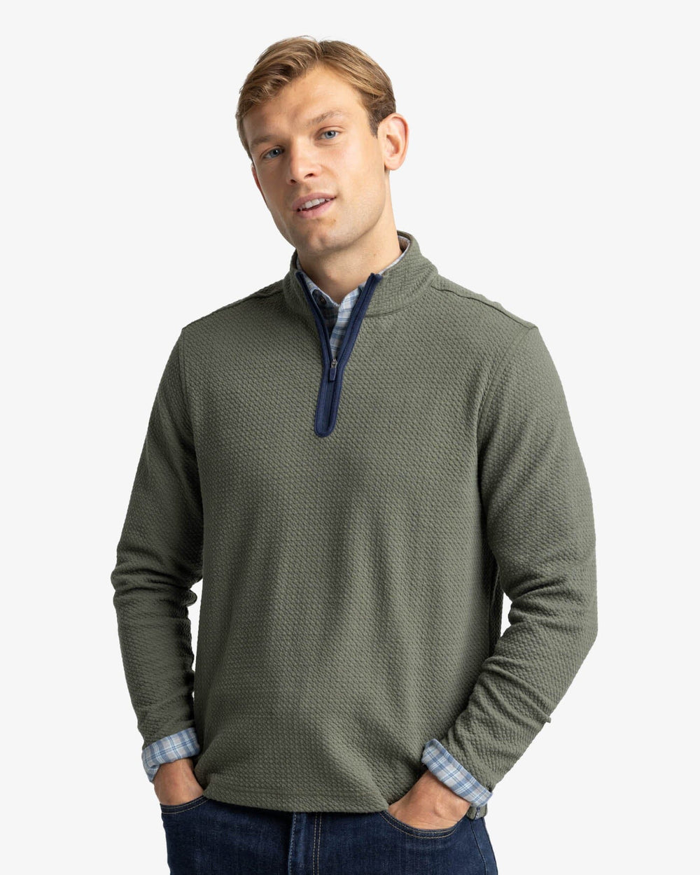 The front view of the Southern Tide Heather Outbound Quarter Zip by Southern Tide - Heather Gulf Green