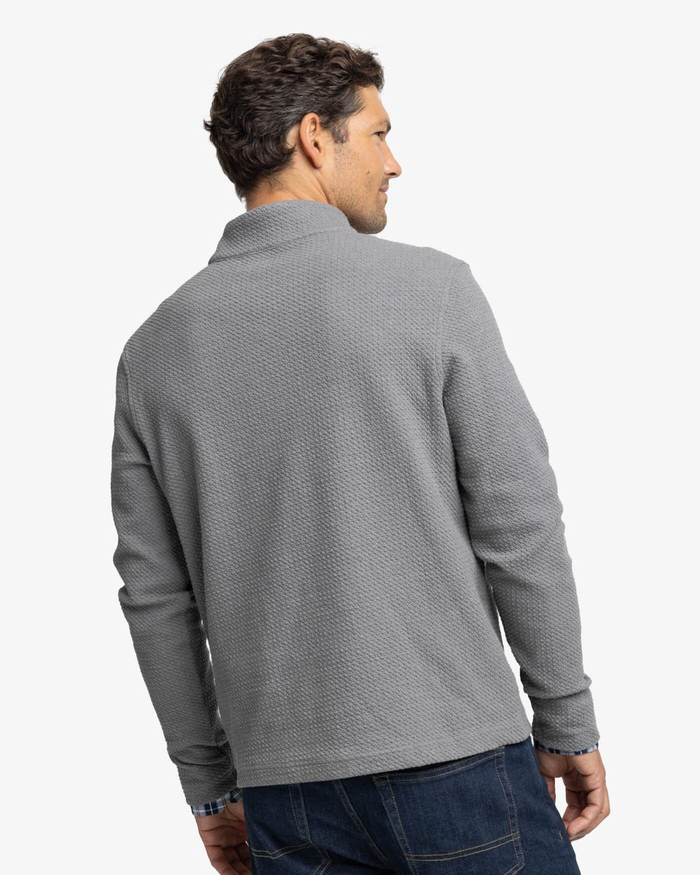 The back view of the Southern Tide Heather Outbound Quarter Zip by Southern Tide - Heather Shadow Grey