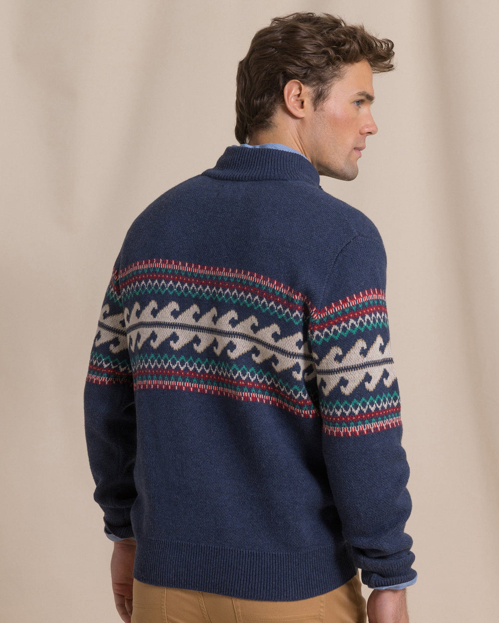 The back view of the Southern Tide Heather Quarter Button Fair Isle Sweater by Southern Tide - Heather Dress Blue