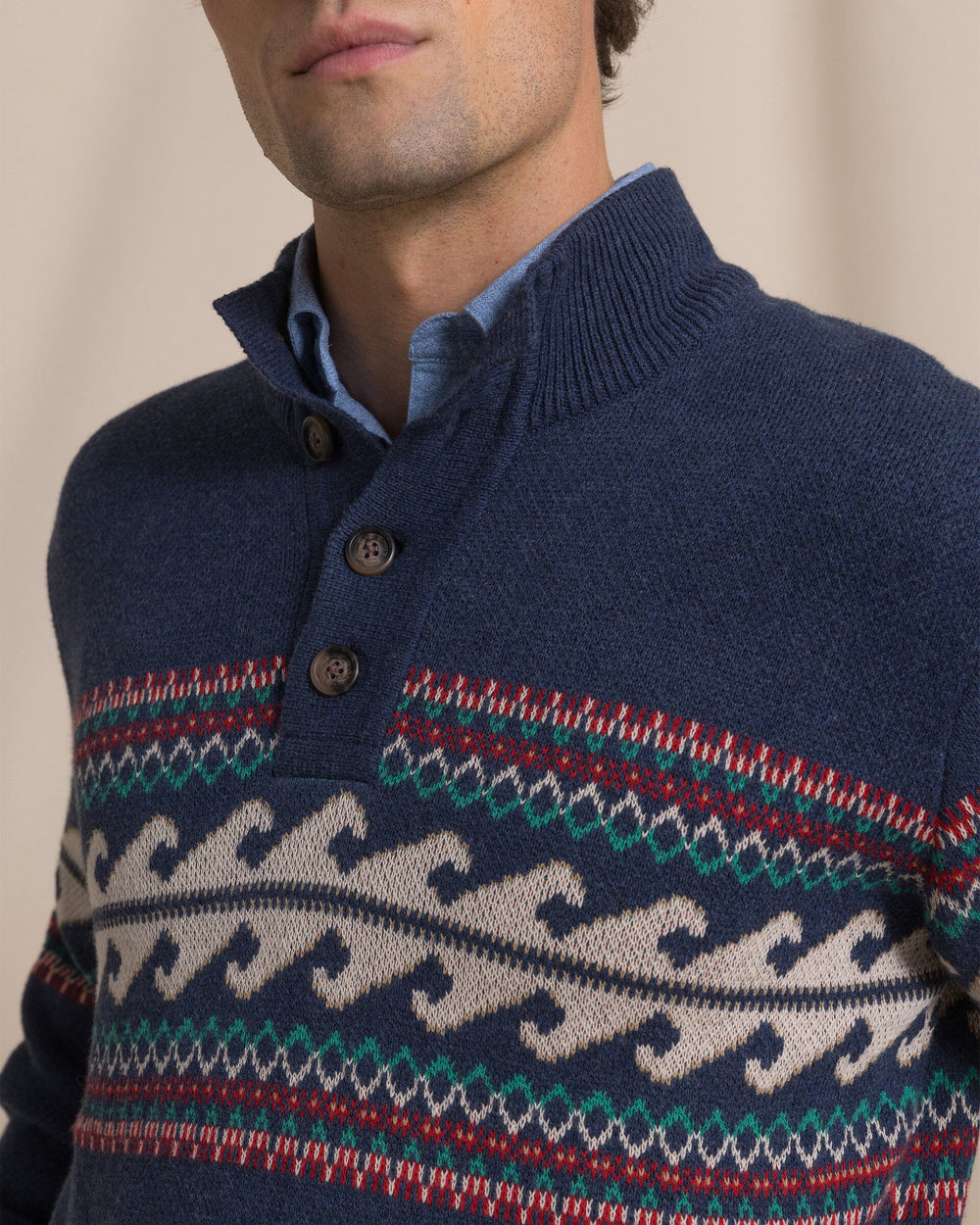 The detail view of the Southern Tide Heather Quarter Button Fair Isle Sweater by Southern Tide - Heather Dress Blue