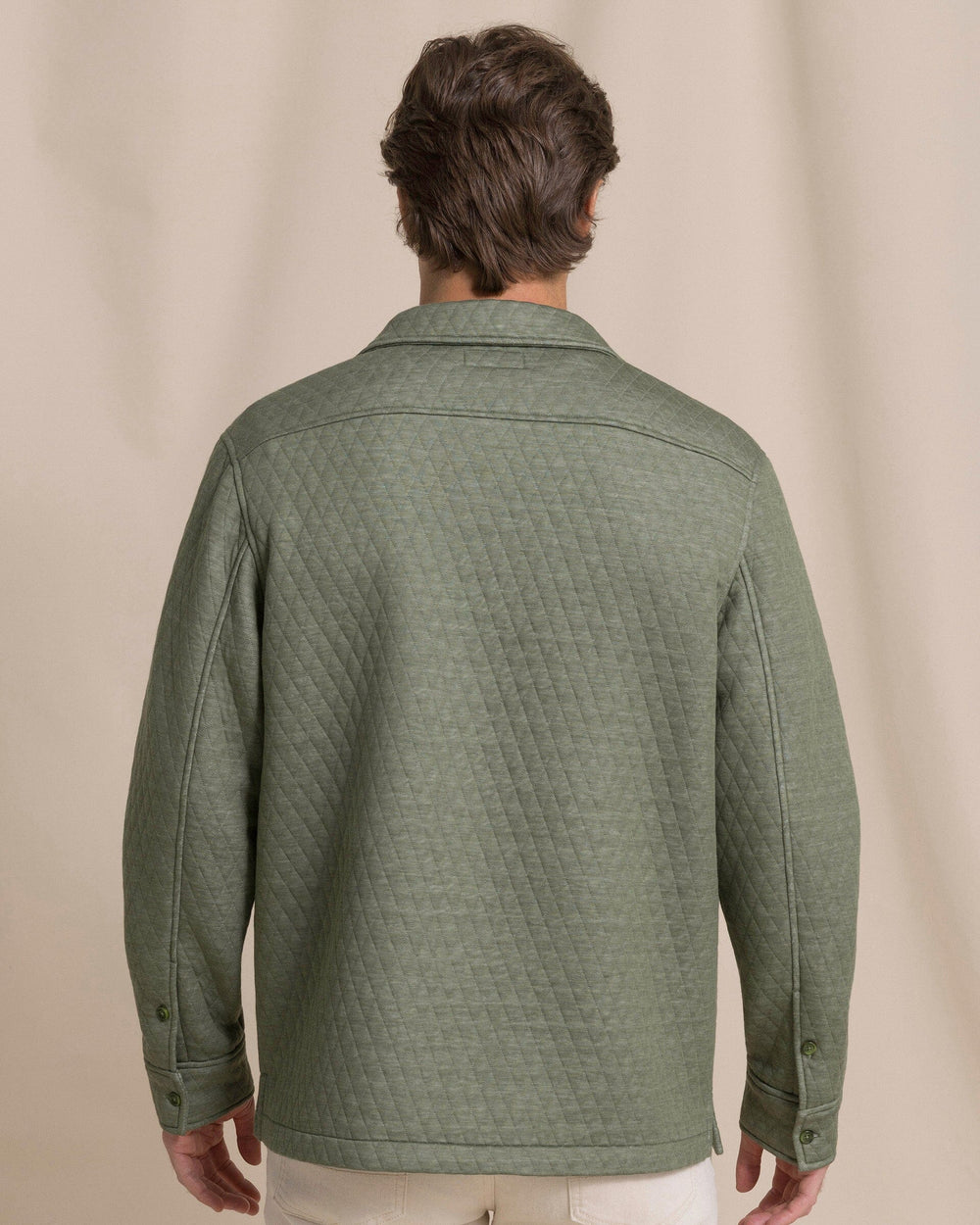 The back view of the Southern Tide Heather Quilted Knit Shacket by Southern Tide - Heather Cedar Green