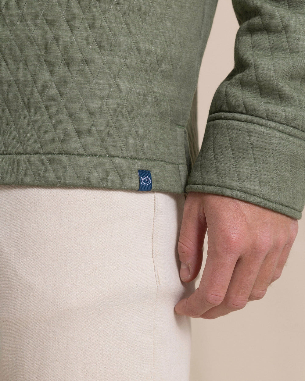 The detail view of the Southern Tide Heather Quilted Knit Shacket by Southern Tide - Heather Cedar Green