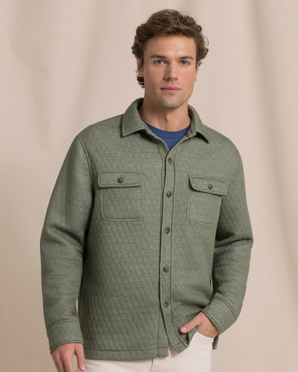 The front view of the Southern Tide Heather Quilted Knit Shacket by Southern Tide - Heather Cedar Green