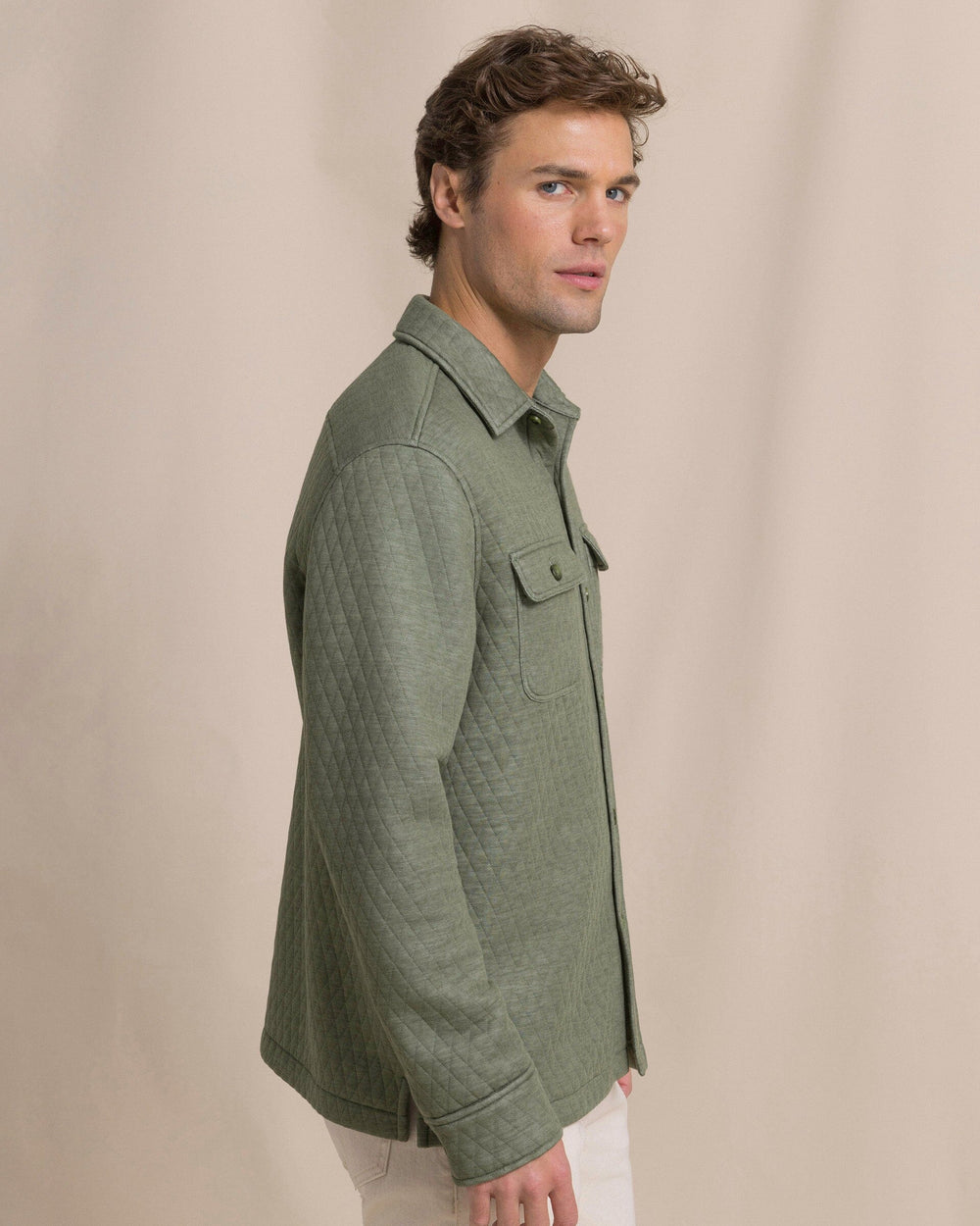 The side view of the Southern Tide Heather Quilted Knit Shacket by Southern Tide - Heather Cedar Green