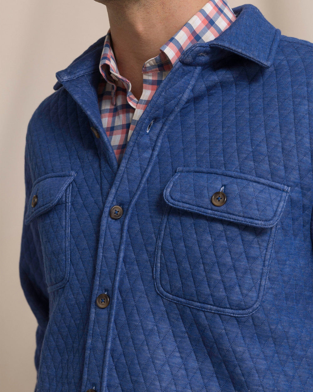 The detail view of the Southern Tide Heather Quilted Knit Shacket by Southern Tide - Heather Nautical Blue