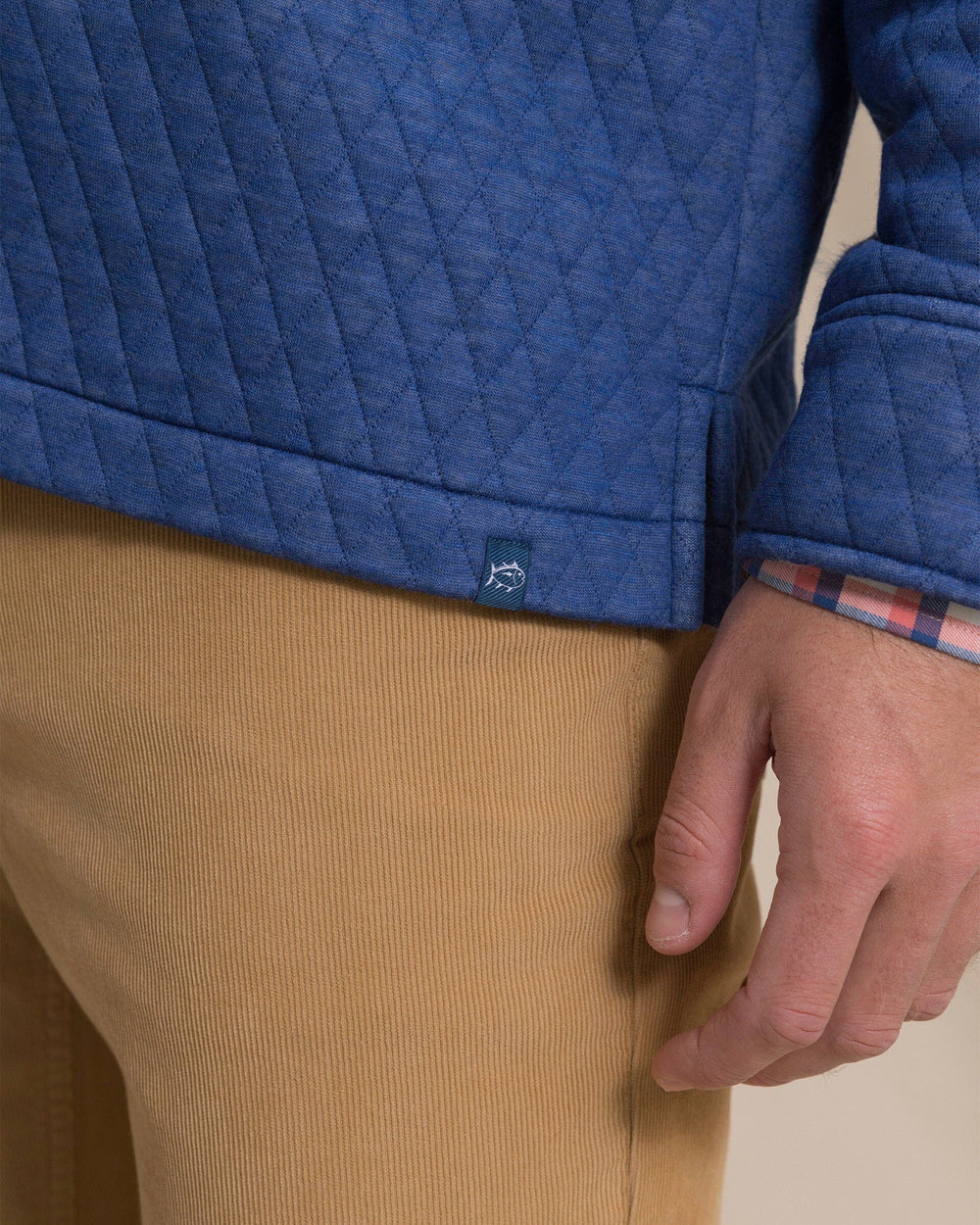 The detail view of the Southern Tide Heather Quilted Knit Shacket by Southern Tide - Heather Nautical Blue