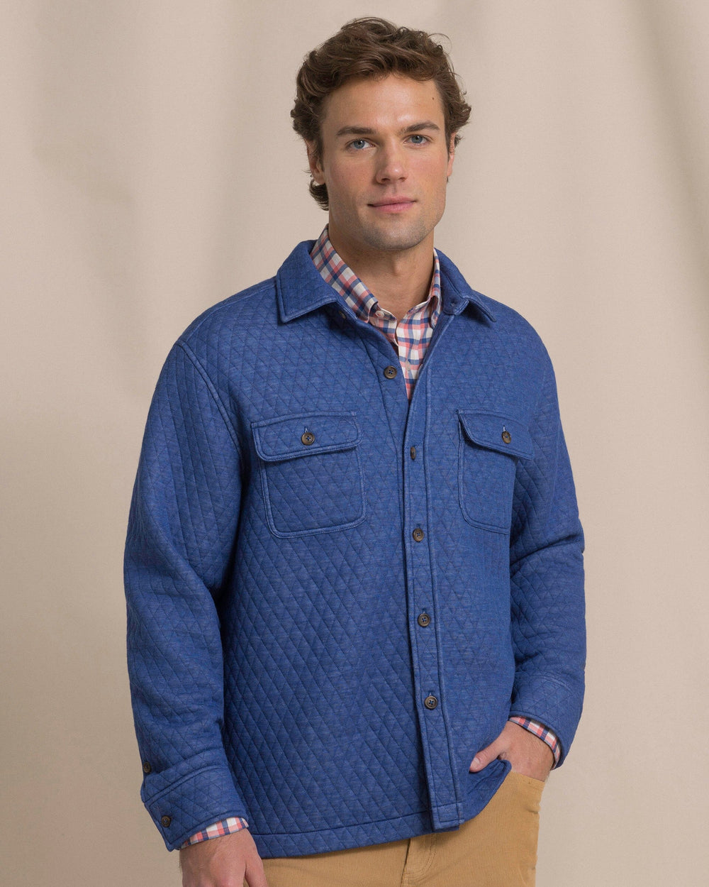 The front view of the Southern Tide Heather Quilted Knit Shacket by Southern Tide - Heather Nautical Blue