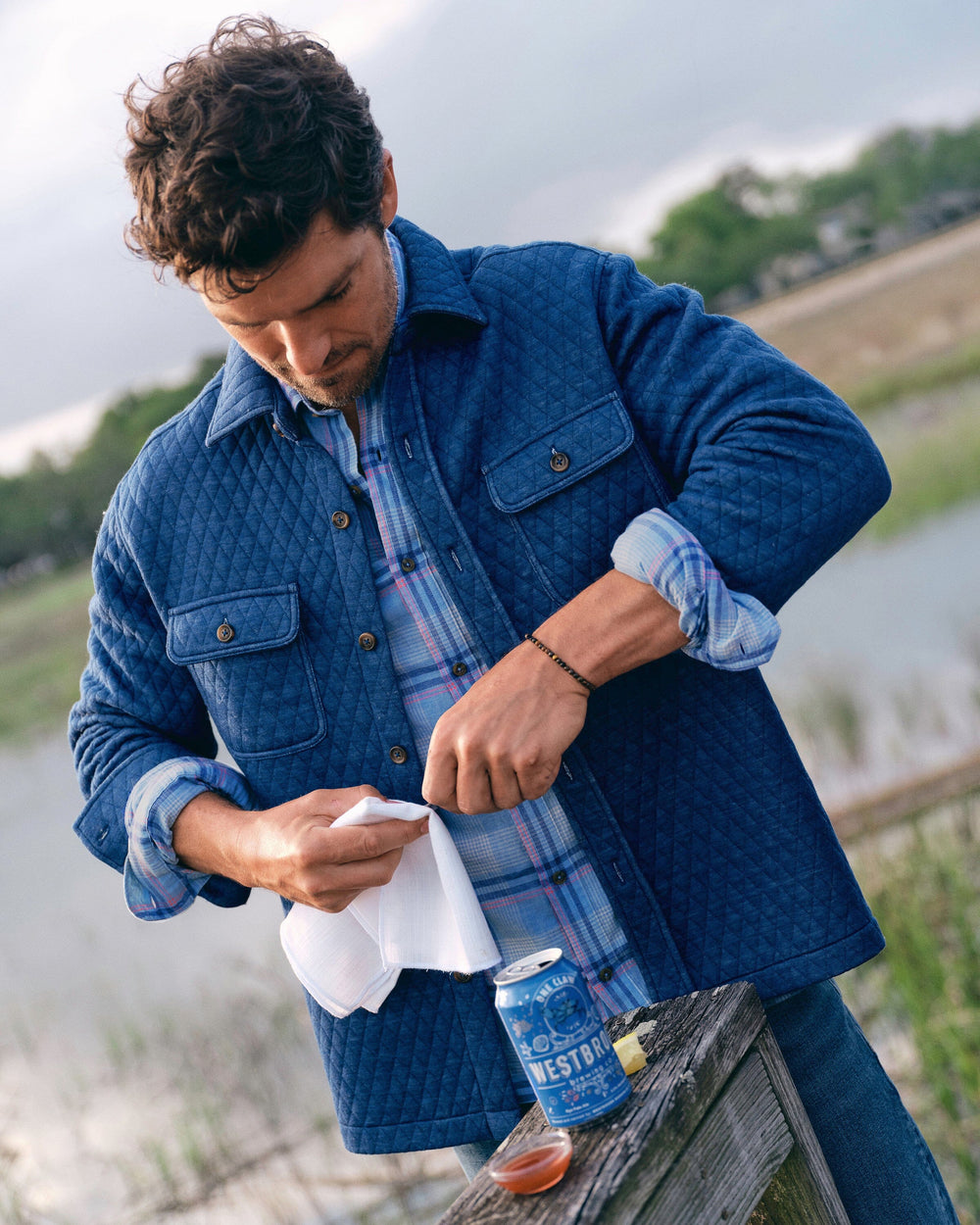 The lifestyle view of the Southern Tide Heather Quilted Knit Shacket by Southern Tide - Heather Nautical Blue