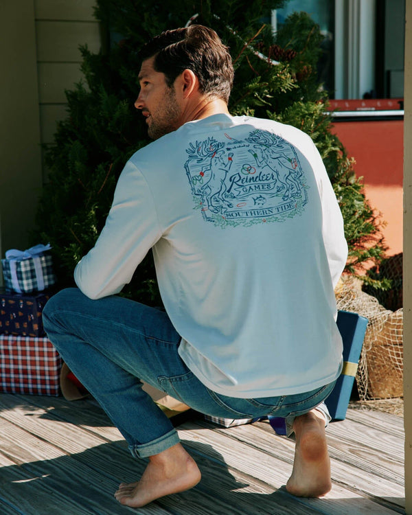 The lifestyle view of the Southern Tide Heather Reindeer Games Long Sleeve T-shirt by Southern Tide - Heather Slate Grey