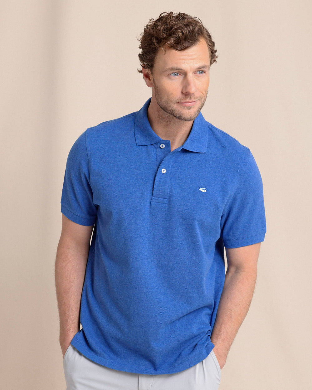 The front view of the Southern Tide Heather Skipjack Polo by Southern Tide - Heather Blue Lolite