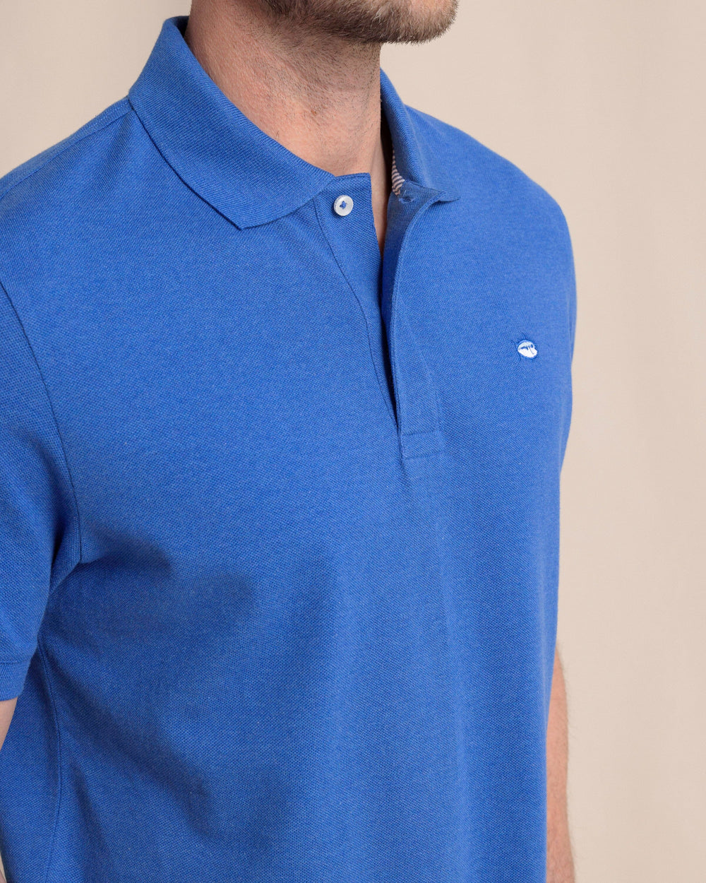 The front detail view of the Southern Tide Heather Skipjack Polo by Southern Tide - Heather Blue Lolite