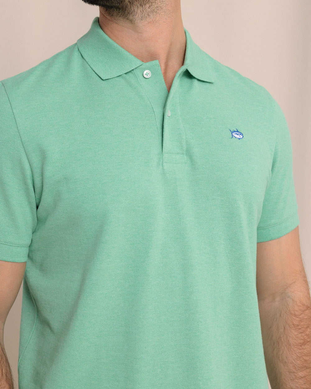 The front detail view of the Southern Tide Heather Skipjack Polo by Southern Tide - Heather Jade Green