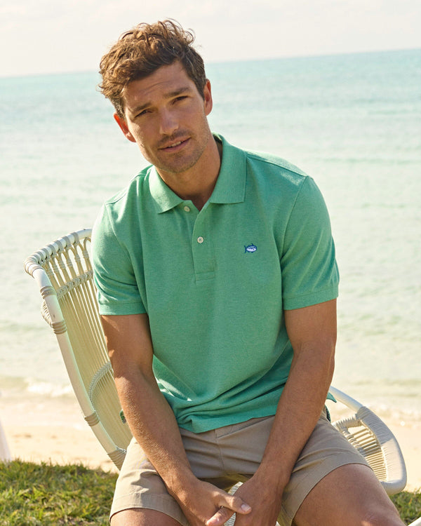 The lifestyle view of the Southern Tide Heather Skipjack Polo by Southern Tide - Heather Jade Green