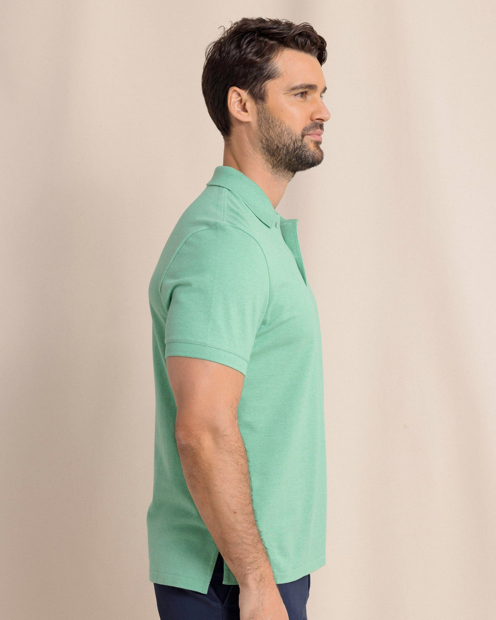 The side view of the Southern Tide Heather Skipjack Polo by Southern Tide - Heather Jade Green