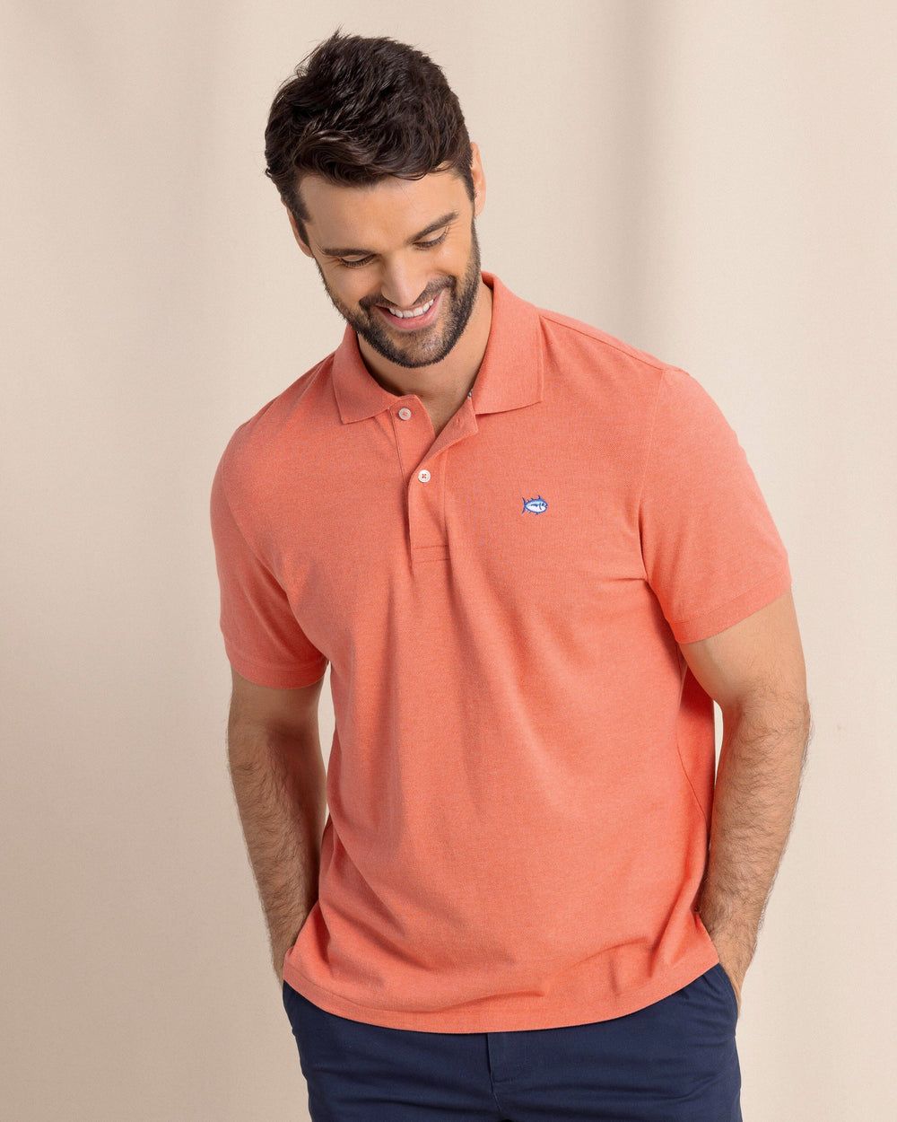 The front view of the Southern Tide Heather Skipjack Polo by Southern Tide - Heather Melon