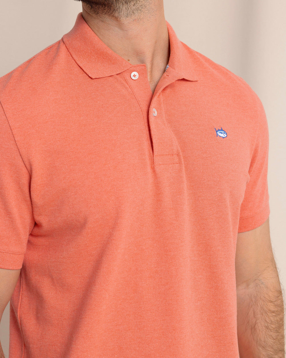 The front detail view of the Southern Tide Heather Skipjack Polo by Southern Tide - Heather Melon