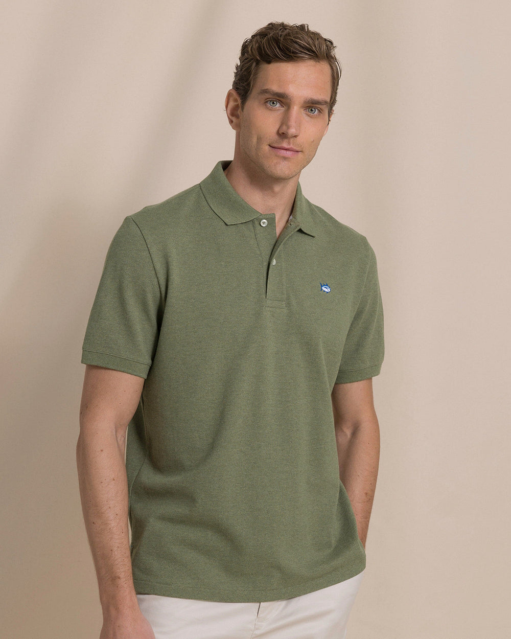 The front view of the Southern Tide Heather Skipjack Polo by Southern Tide - Heather Cedar Green