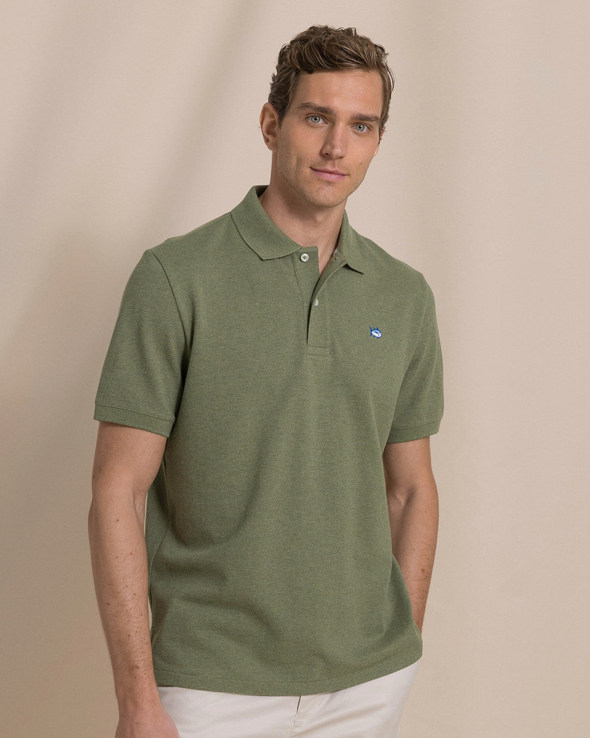 The front view of the Southern Tide Heather Skipjack Polo by Southern Tide - Heather Cedar Green