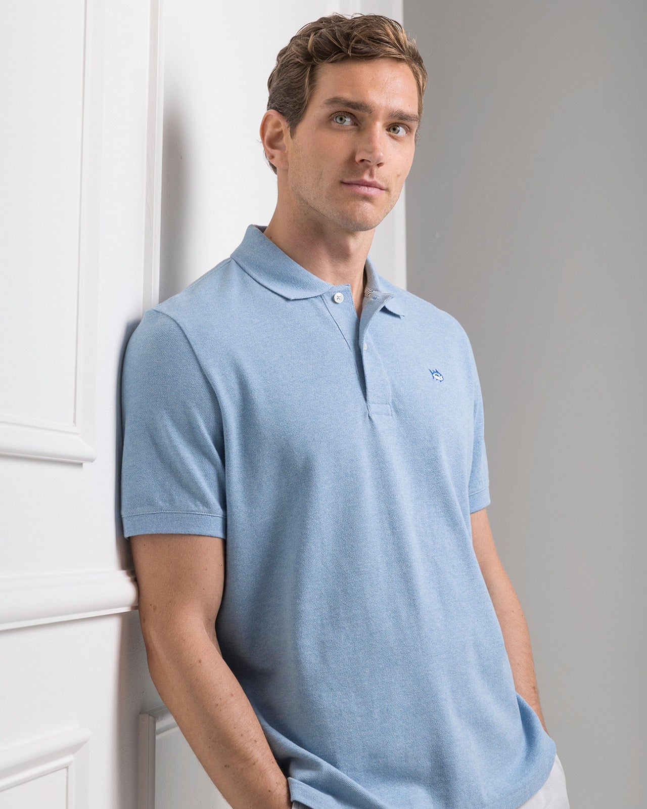The side view of the Southern Tide Heather Skipjack Polo by Southern Tide - Heather Ocean Channel