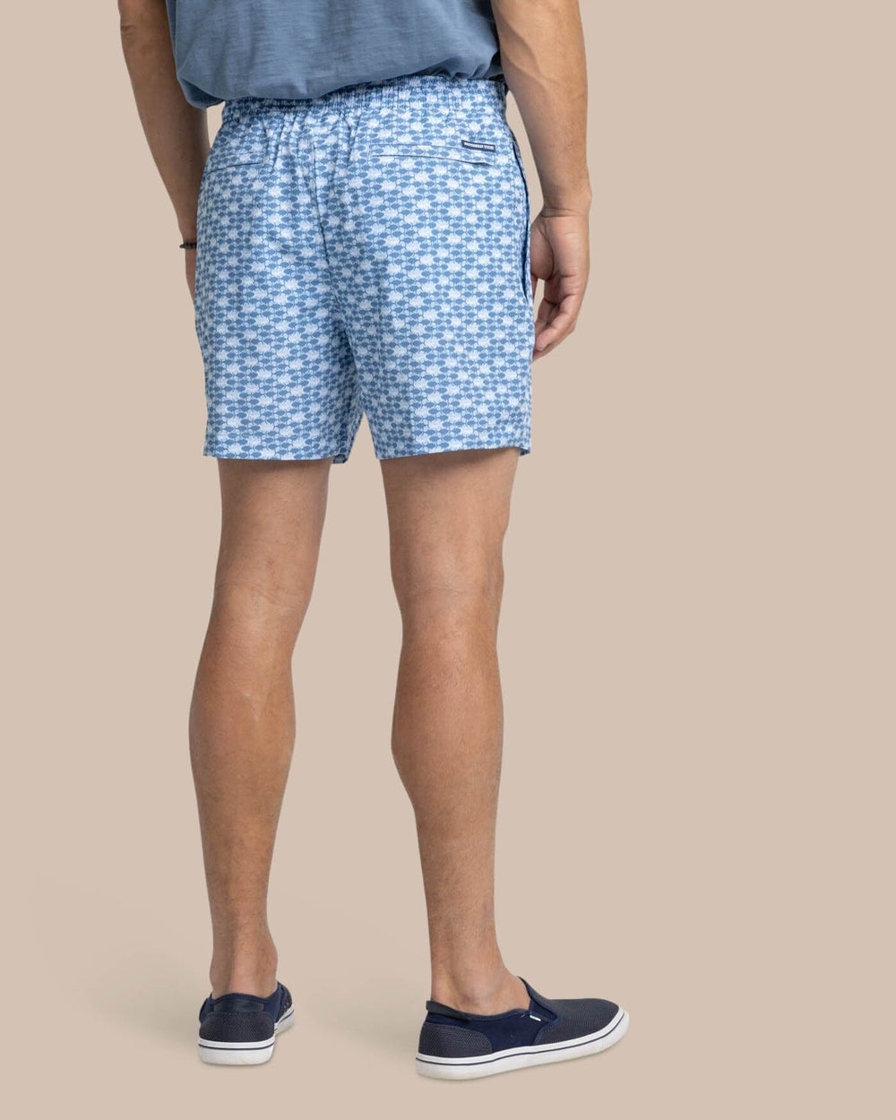The back view of the Southern Tide Heather Skipping Jacks Swim Trunk by Southern Tide - Heather Clearwater Blue