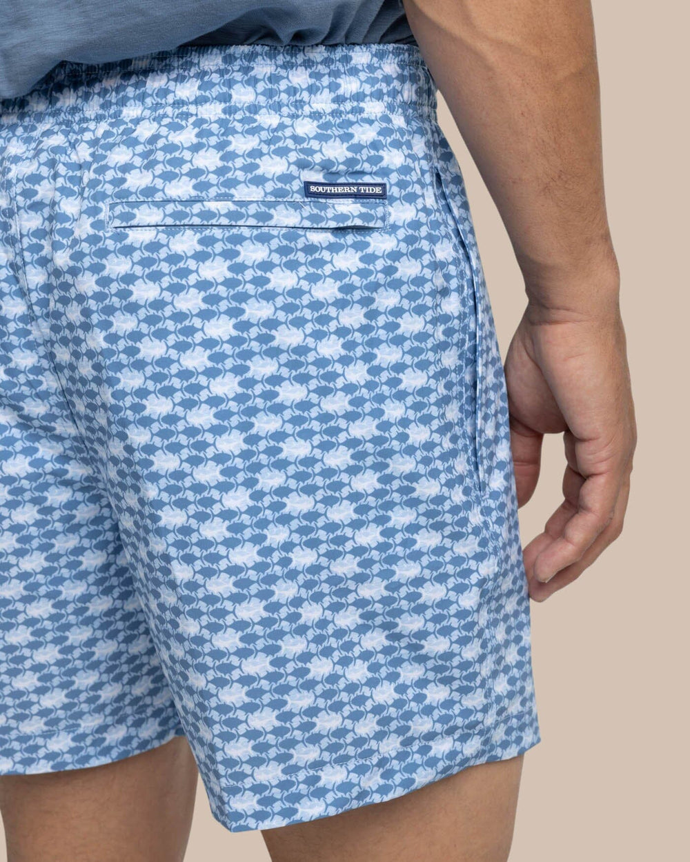 The detail view of the Southern Tide Heather Skipping Jacks Swim Trunk by Southern Tide - Heather Clearwater Blue