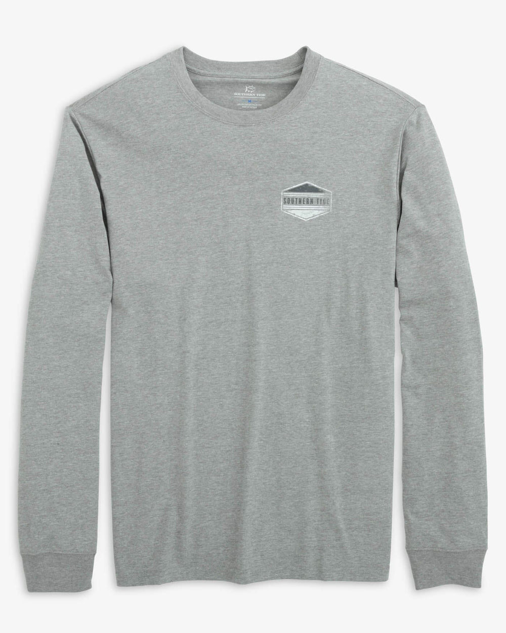 The front view of the Southern Tide Heather ST Deer Hexagon Long Sleeve T-Shirt by Southern Tide - Heather Quarry