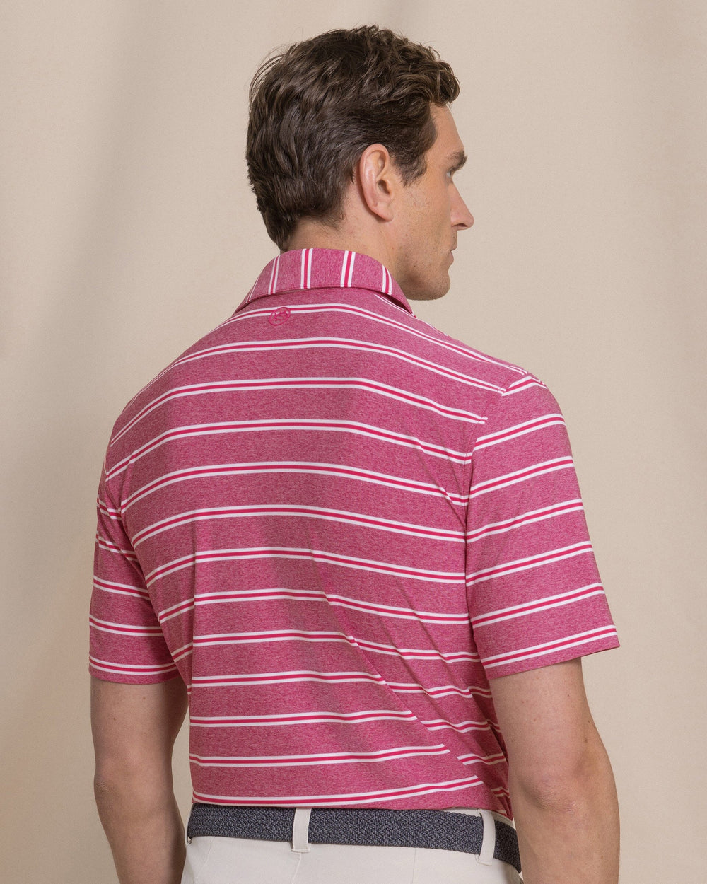 The back view of the Southern Tide Heather Stripe Coastal Breeze® Performance Polo by Southern Tide - Heather Boat Lily