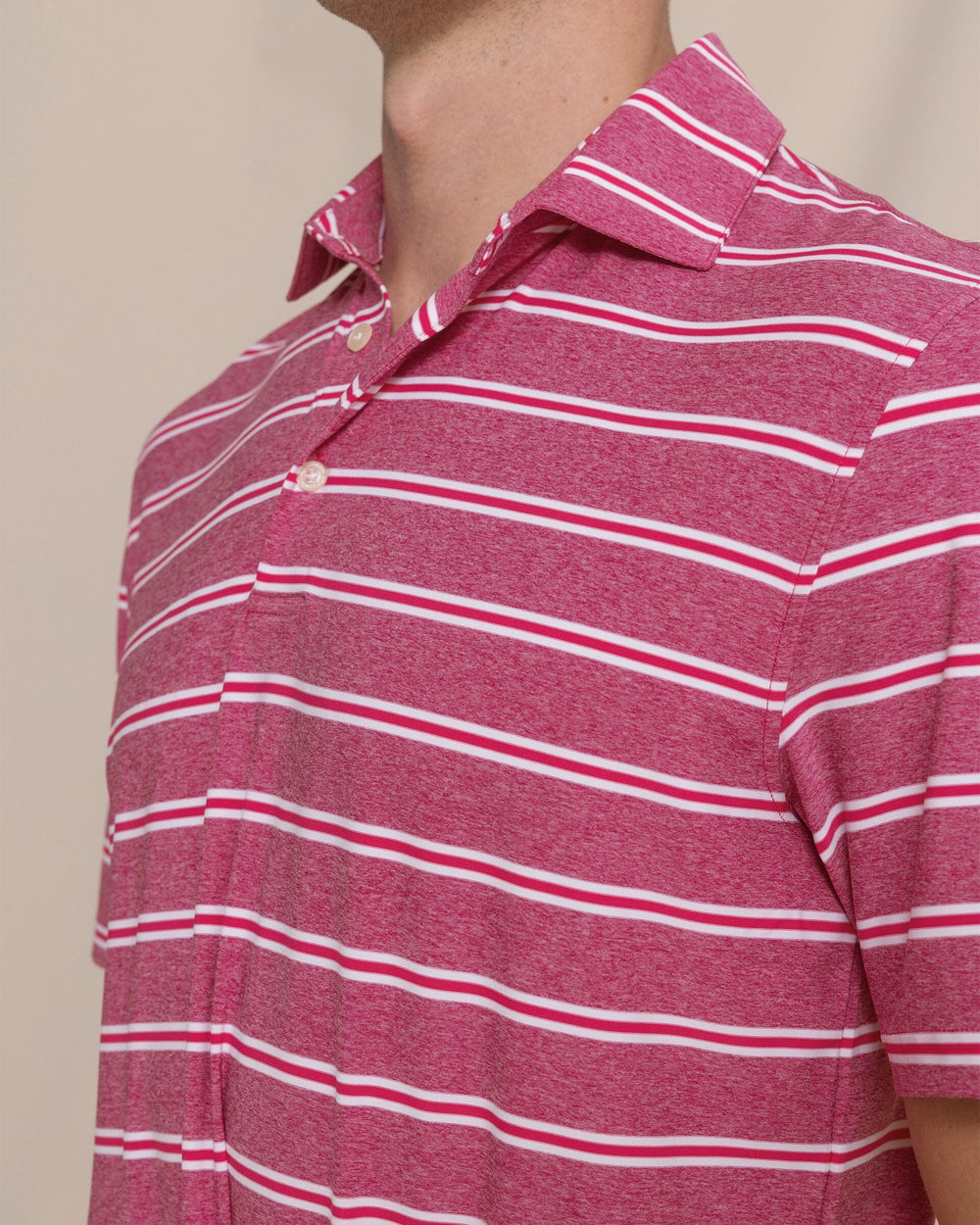 The detail view of the Southern Tide Heather Stripe Coastal Breeze® Performance Polo by Southern Tide - Heather Boat Lily