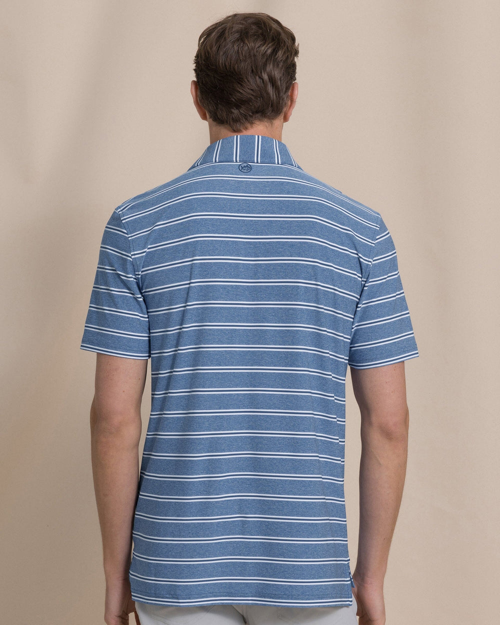 The back view of the Southern Tide Heather Stripe Coastal Breeze® Performance Polo by Southern Tide - Heather Nautical Blue