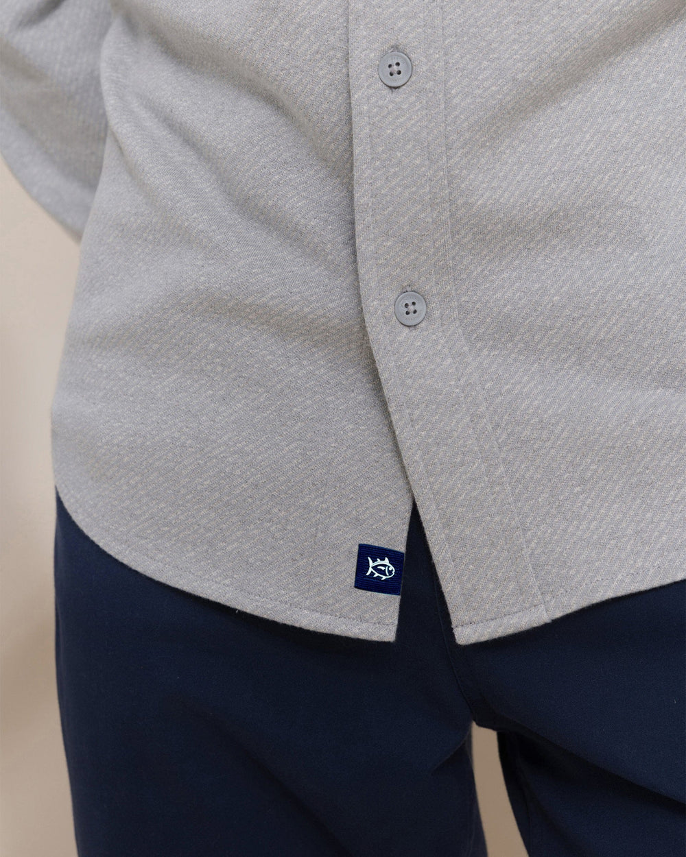 The detail view of the Southern Tide Heather Twill Knit Shacket by Southern Tide - Heather Grey