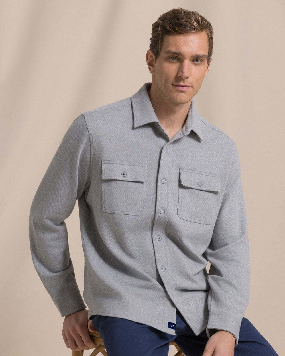 The front view of the Southern Tide Heather Twill Knit Shacket by Southern Tide - Heather Grey