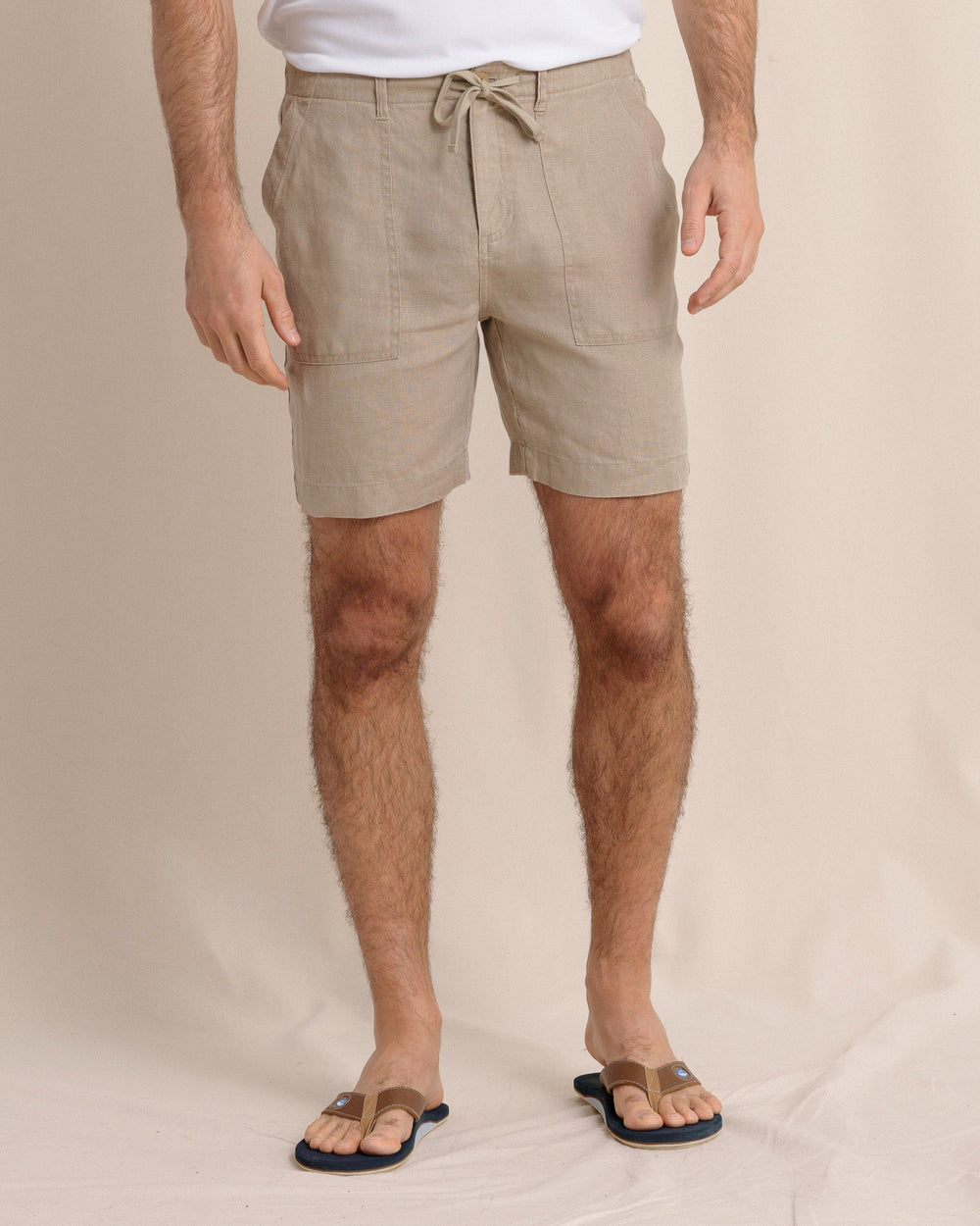 The front view of the Southern Tide Heritage Preserve Linen Short by Southern Tide - Sandstone Khaki