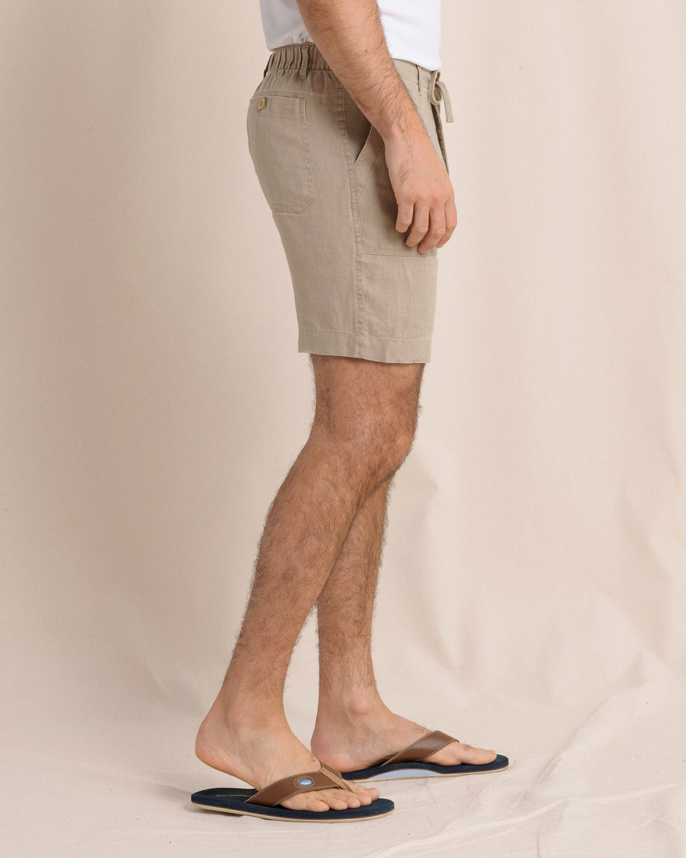 The side view of the Southern Tide Heritage Preserve Linen Short by Southern Tide - Sandstone Khaki