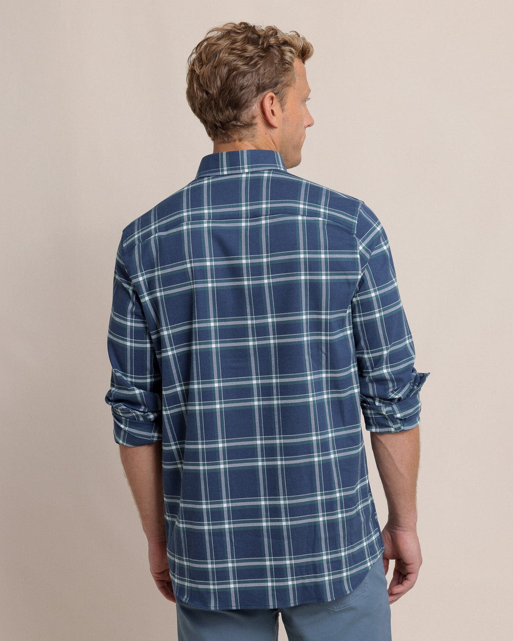 The back view of the Southern Tide Heron Plaid Flannel Intercoastal Long Sleeve Sport Shirt by Southern Tide - Dress Blue