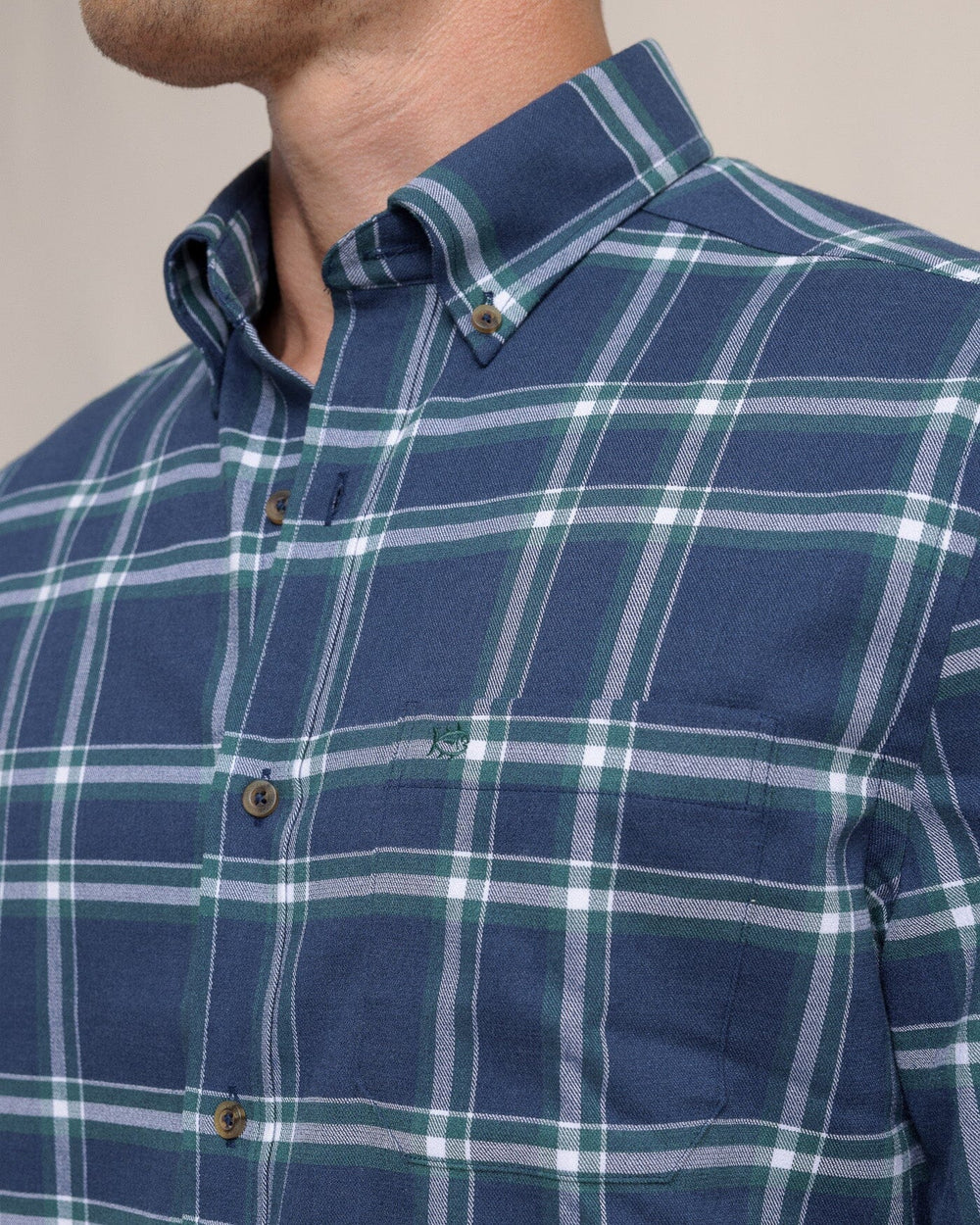 The detail view of the Southern Tide Heron Plaid Flannel Intercoastal Long Sleeve Sport Shirt by Southern Tide - Dress Blue