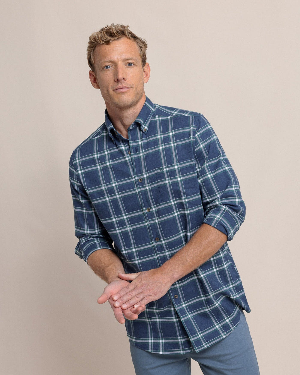 The front view of the Southern Tide Heron Plaid Flannel Intercoastal Long Sleeve Sport Shirt by Southern Tide - Dress Blue