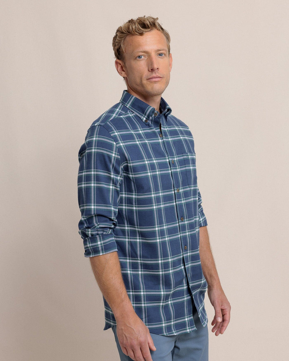 The side view of the Southern Tide Heron Plaid Flannel Intercoastal Long Sleeve Sport Shirt by Southern Tide - Dress Blue