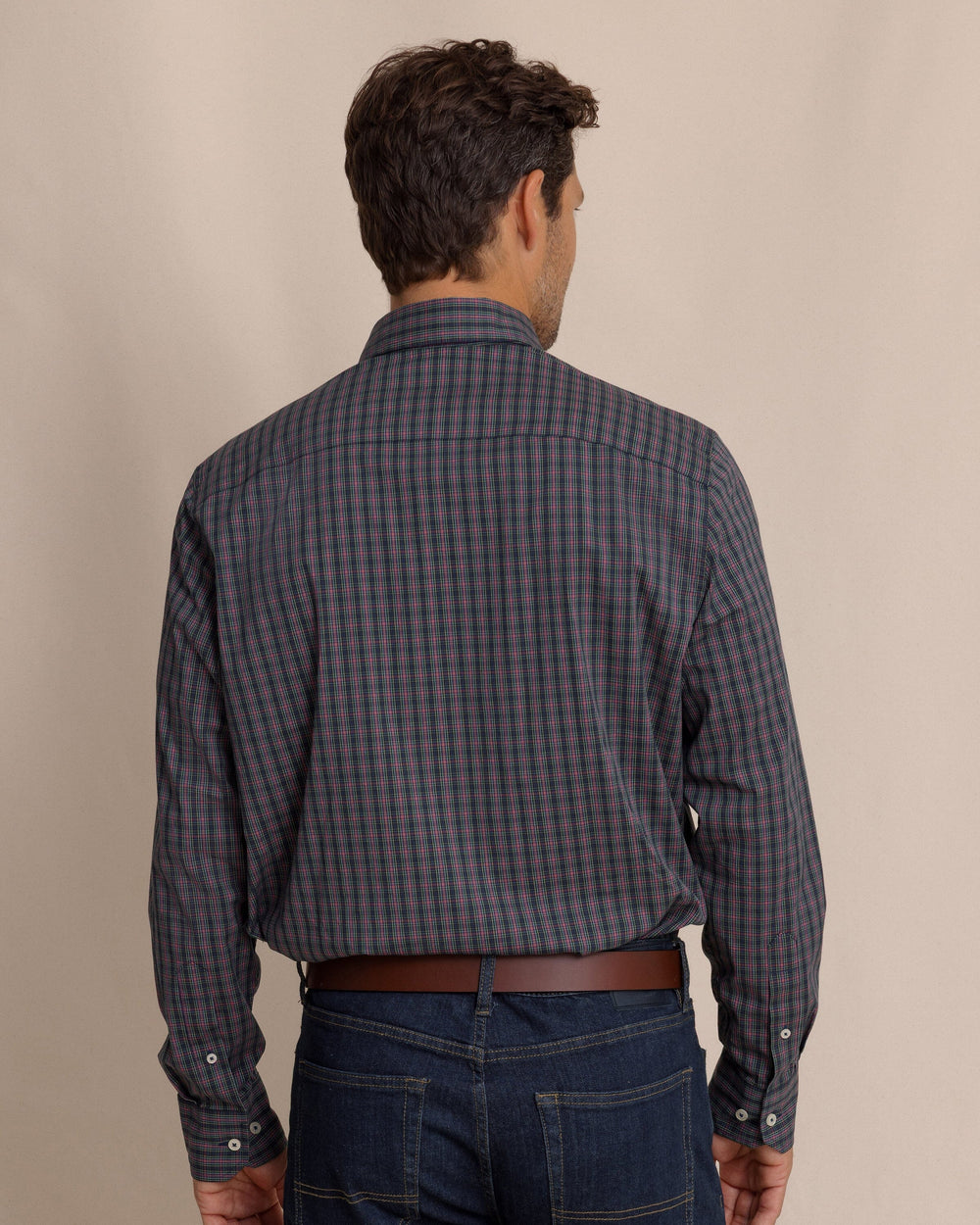 The back view of the Southern Tide Heyward Tartan Charleston Sport Shirt by Southern Tide - Dress Blue