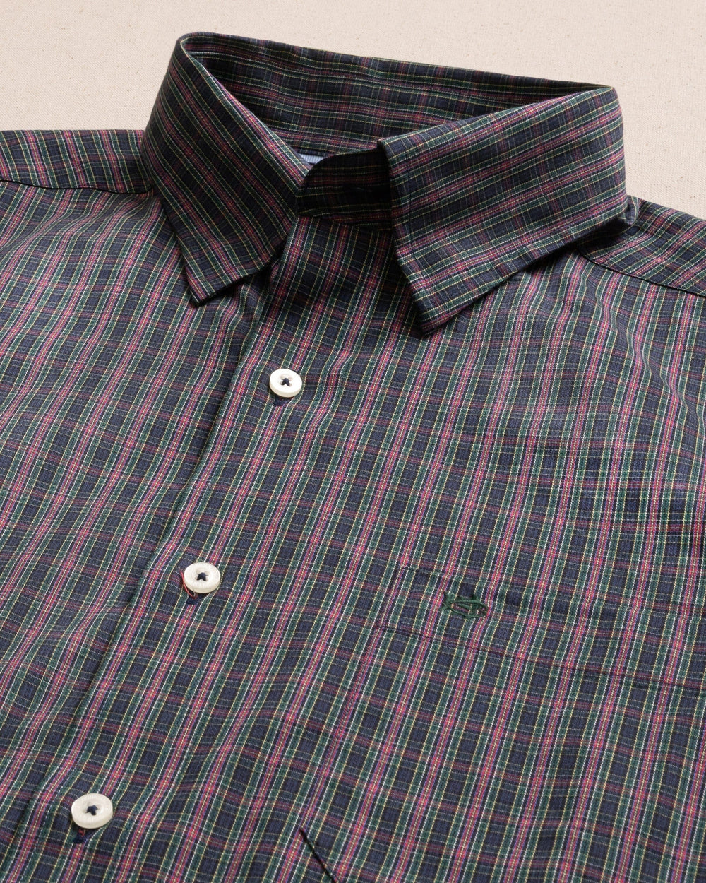 The detail view of the Southern Tide Heyward Tartan Charleston Sport Shirt by Southern Tide - Dress Blue