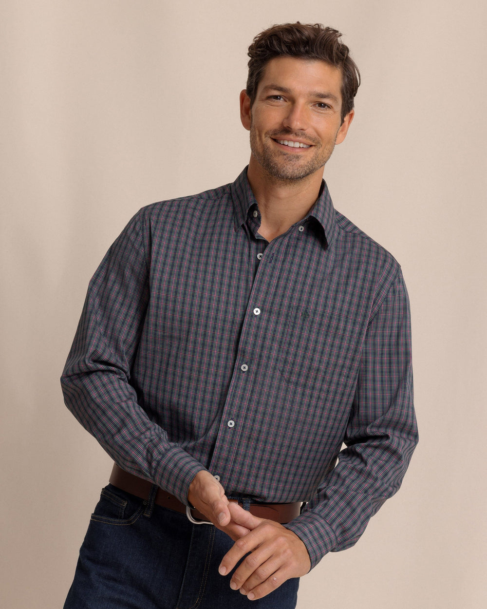 The front view of the Southern Tide Heyward Tartan Charleston Sport Shirt by Southern Tide - Dress Blue