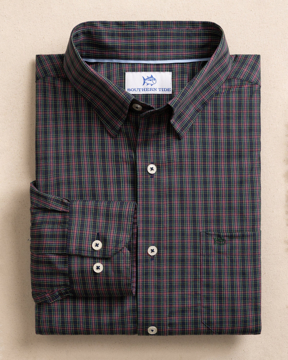 The front view of the Southern Tide Heyward Tartan Charleston Sport Shirt by Southern Tide - Dress Blue