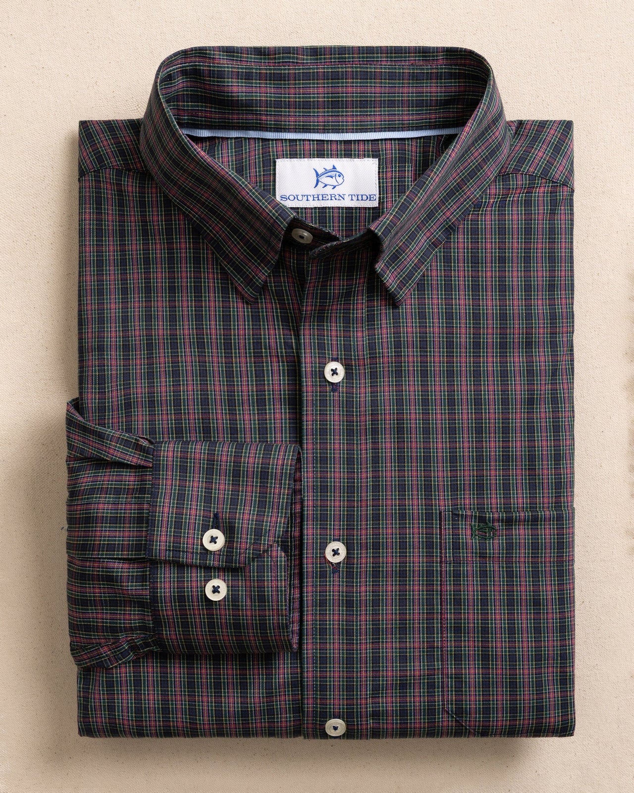 The front view of the Southern Tide Heyward Tartan Charleston Sport Shirt by Southern Tide - Dress Blue