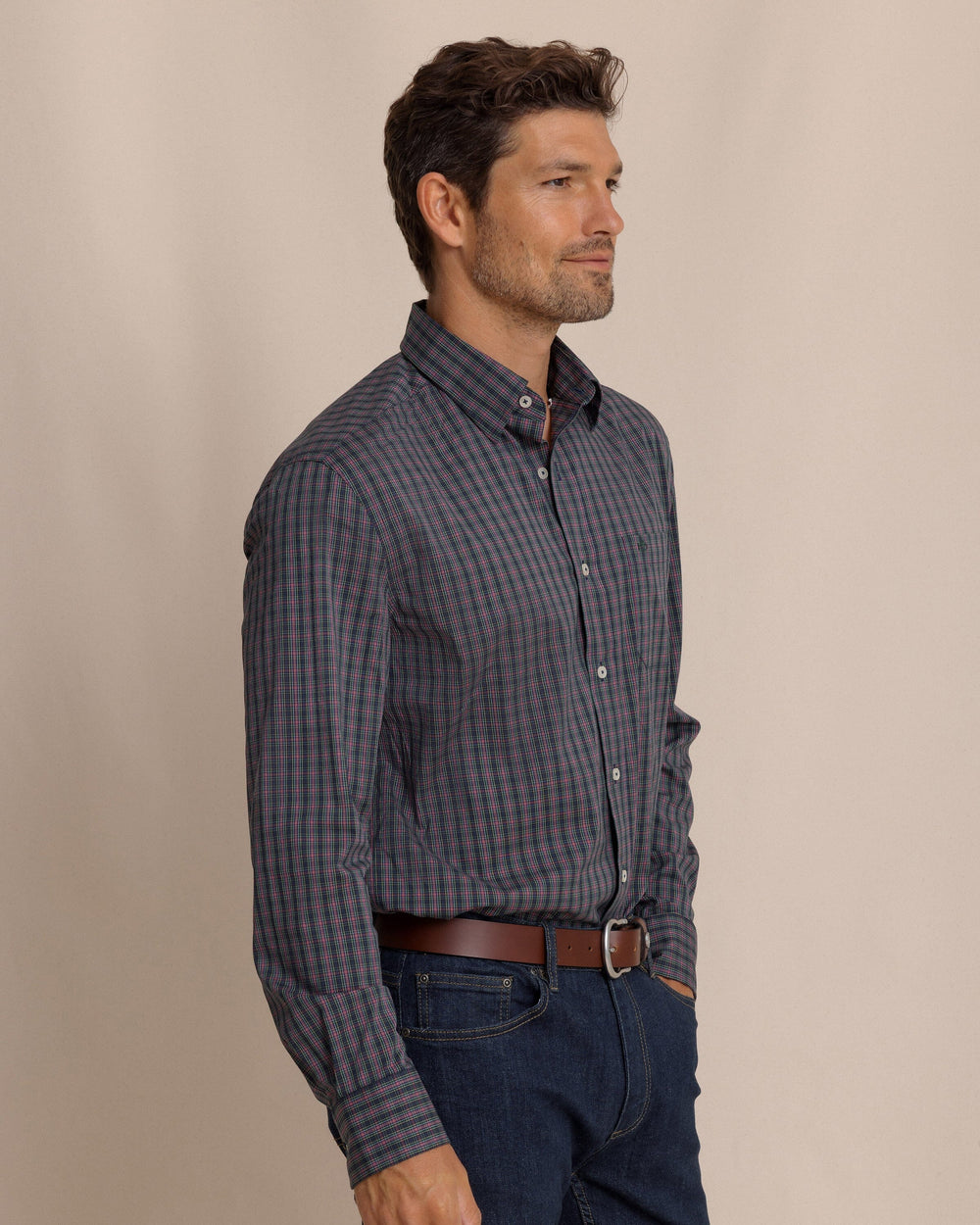 The side view of the Southern Tide Heyward Tartan Charleston Sport Shirt by Southern Tide - Dress Blue
