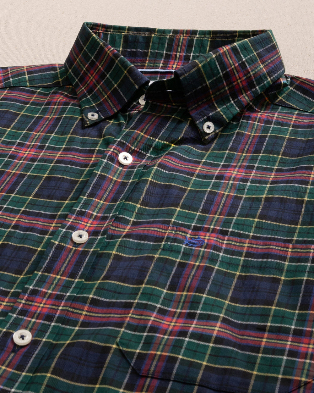 The detail view of the Southern Tide Heyward Tartan Skipjack Sport Shirt by Southern Tide - Dress Blue