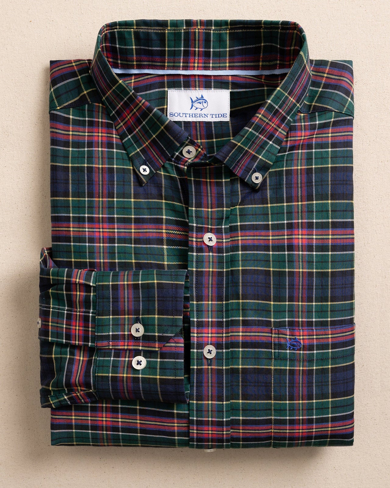 The front view of the Southern Tide Heyward Tartan Skipjack Sport Shirt by Southern Tide - Dress Blue