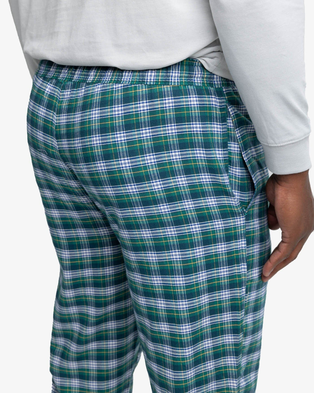 The detail view of the Southern Tide Highmark Plaid Lounge Pant by Southern Tide - Georgian Bay Green