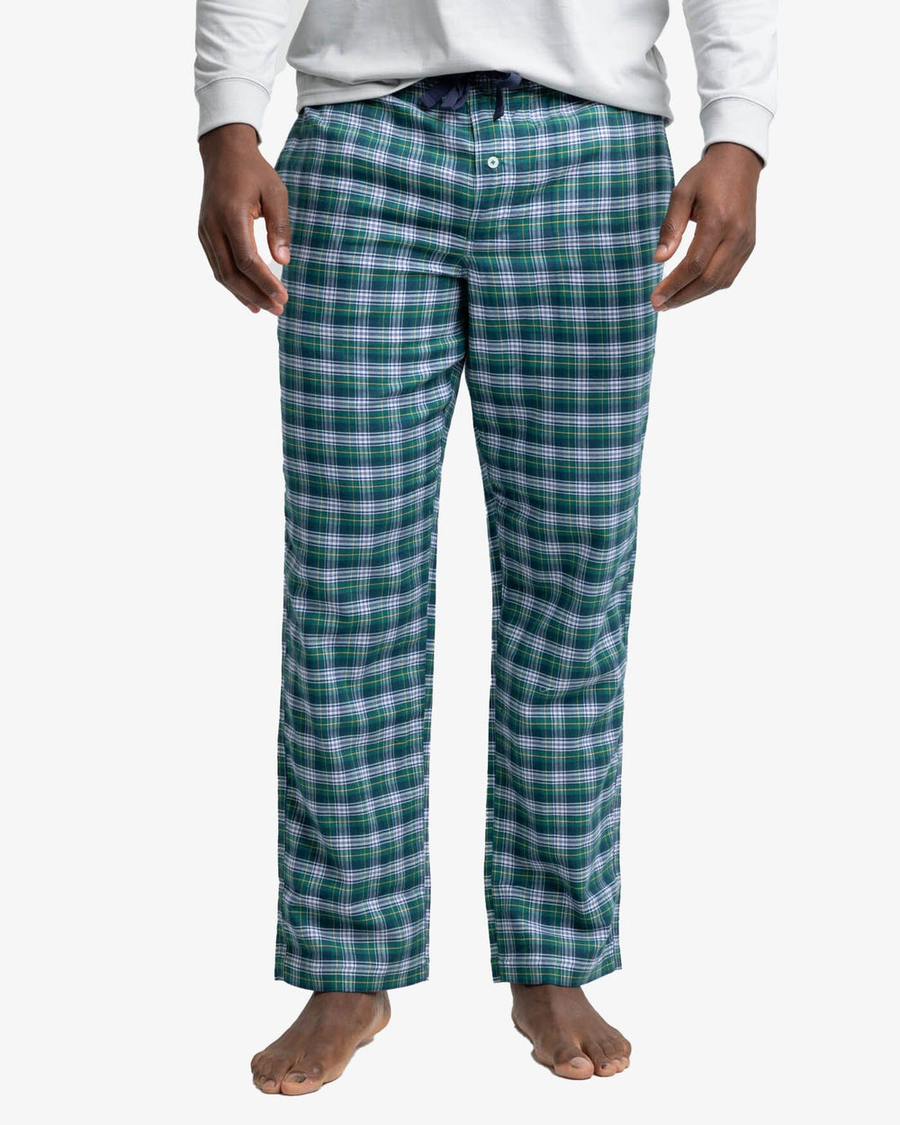 The front view of the Southern Tide Highmark Plaid Lounge Pant by Southern Tide - Georgian Bay Green