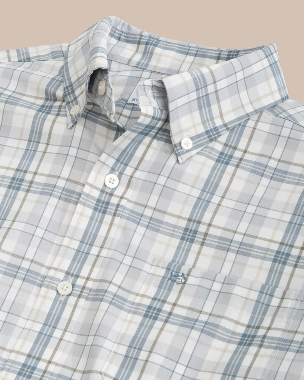 The detail view of the Southern Tide Highsmith Plaid Sport Shirt by Southern Tide - Platinum Grey