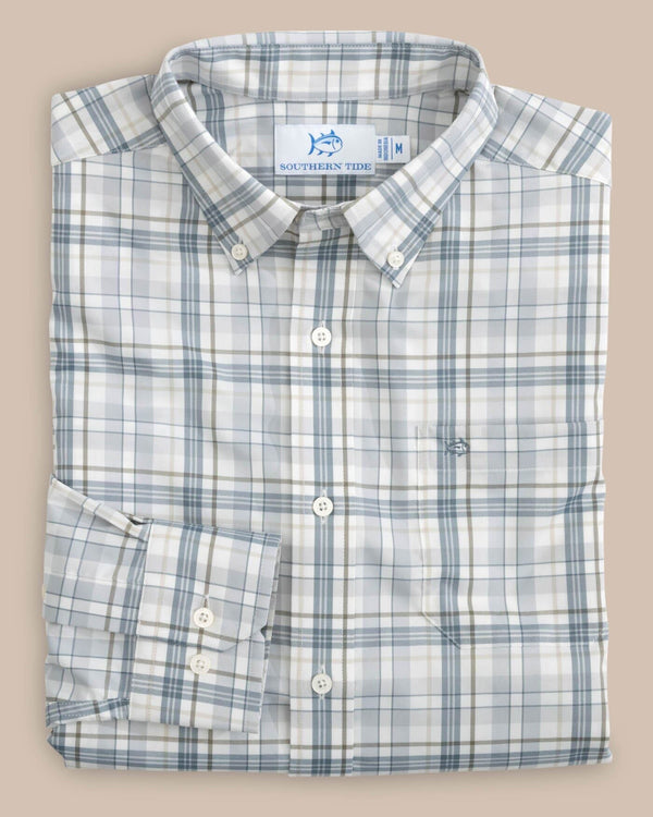 The front view of the Southern Tide Highsmith Plaid Sport Shirt by Southern Tide - Platinum Grey