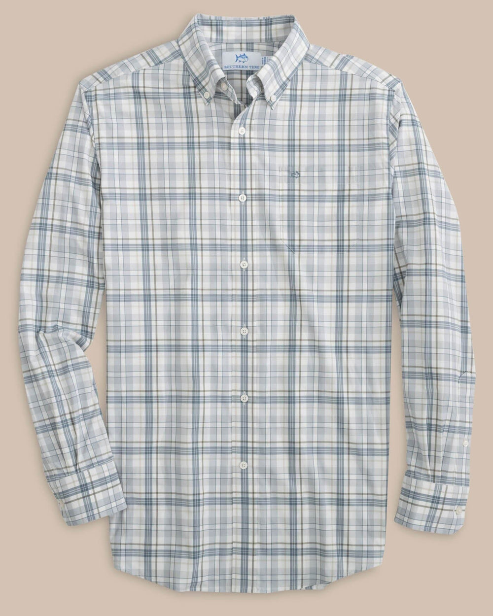 The front view of the Southern Tide Highsmith Plaid Sport Shirt by Southern Tide - Platinum Grey